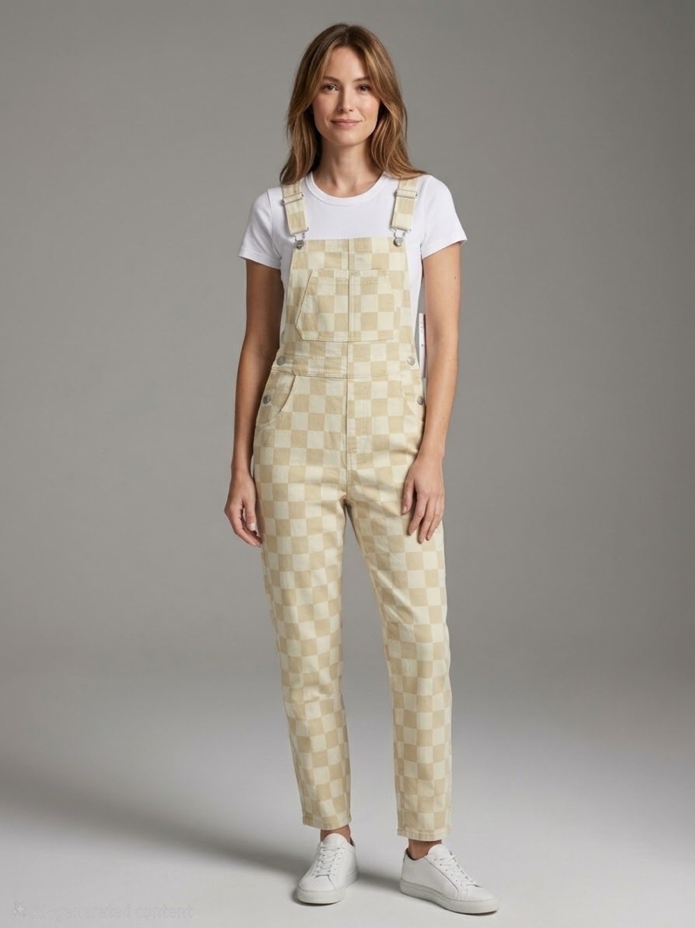 Cream Beige Checkered Denim Overalls Jumpsuit Small NWT